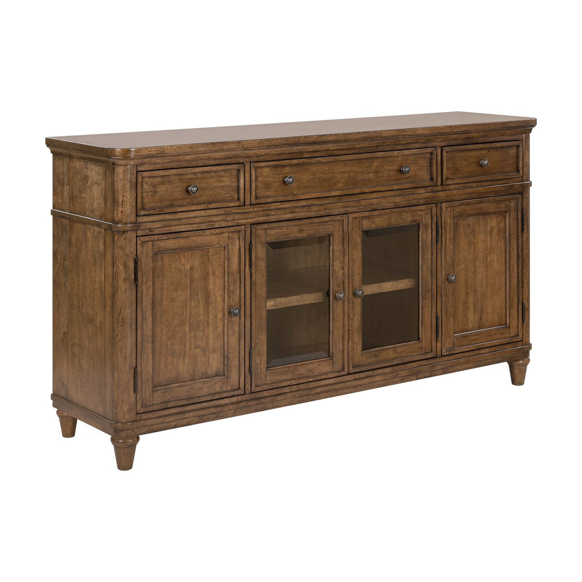 Traditional Harrison Heights wood buffet with three drawers and four cabinet doors, featuring glass center panels.