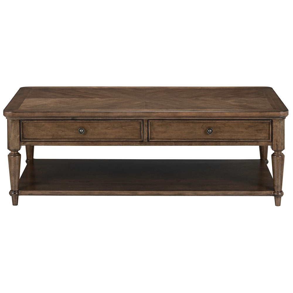 Front view of a dark brown wooden cocktail coffee table featuring two drawers and a lower storage shelf.