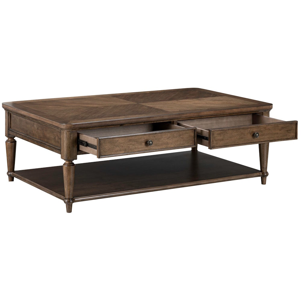 Wooden cocktail table with a parquet top, two open storage drawers, and a lower display shelf.