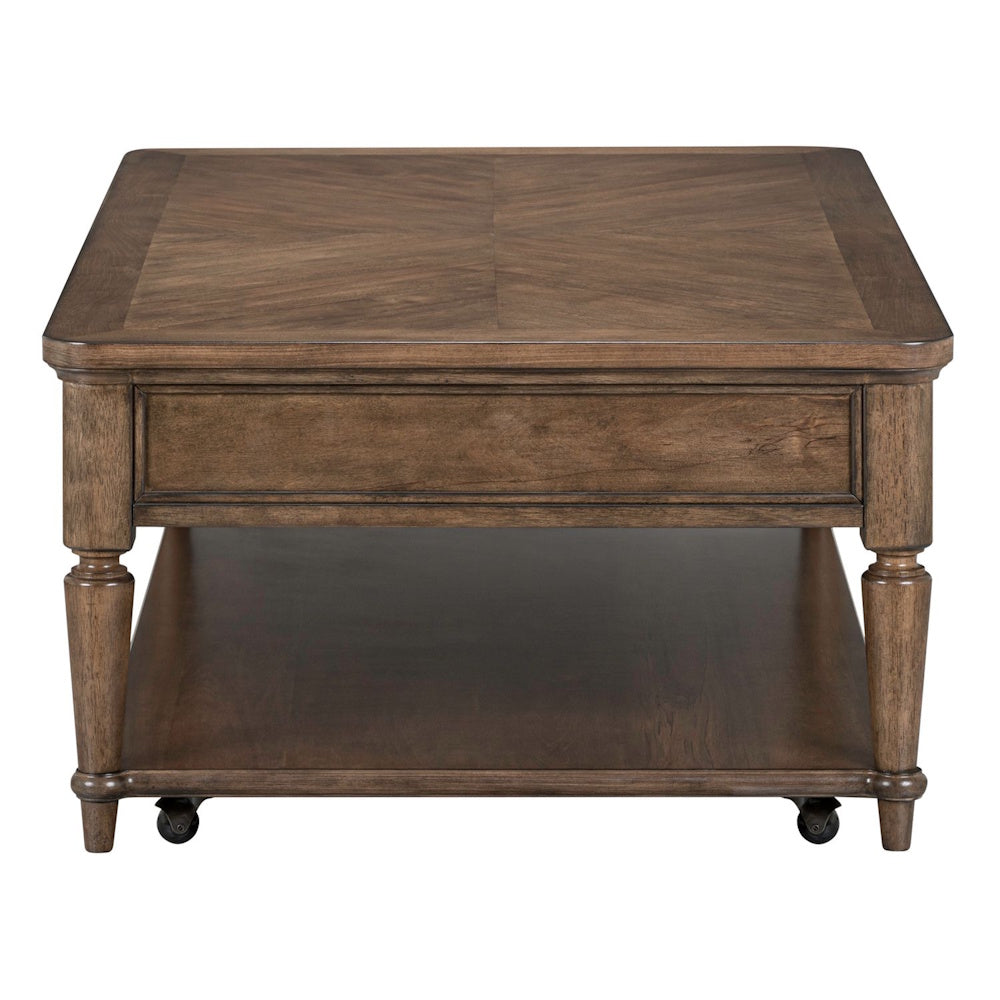 Side profile of a brown wooden coffee table featuring a parquet top, open bottom shelf, and built-in casters.