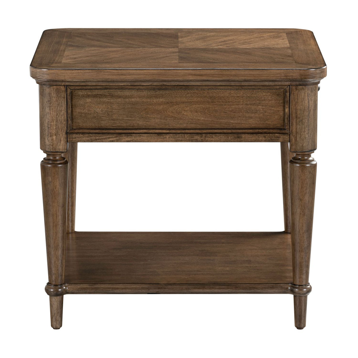 Harrison Heights end table featuring a rustic brown wood finish, square parquet top, and open bottom shelf.
