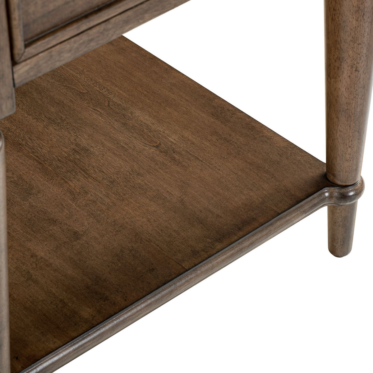 Harrison Heights wooden end table lower shelf and tapered legs with a rich brown finish.