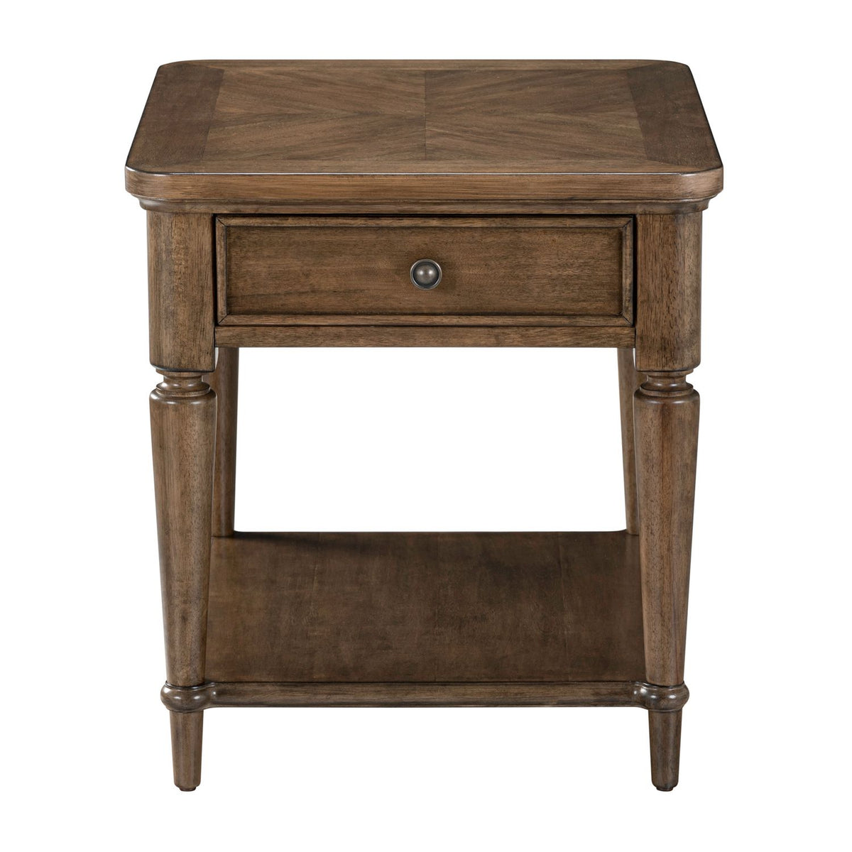 Front view of a traditional brown wood end table with a single drawer, turned legs, and lower storage shelf.