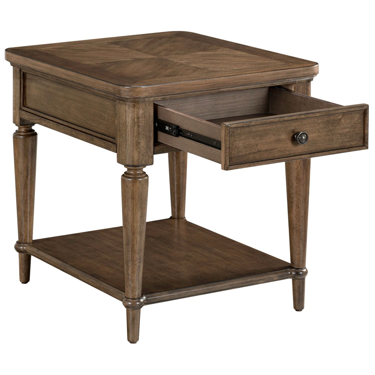 Square wooden end table with an open drawer, parquet top pattern, turned legs, and a bottom shelf.