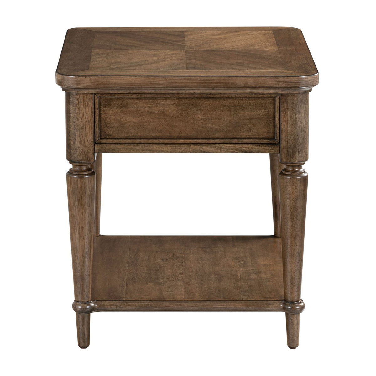 Harrison Heights brown wood end table with a checkerboard veneer top, bottom shelf, and turned legs.
