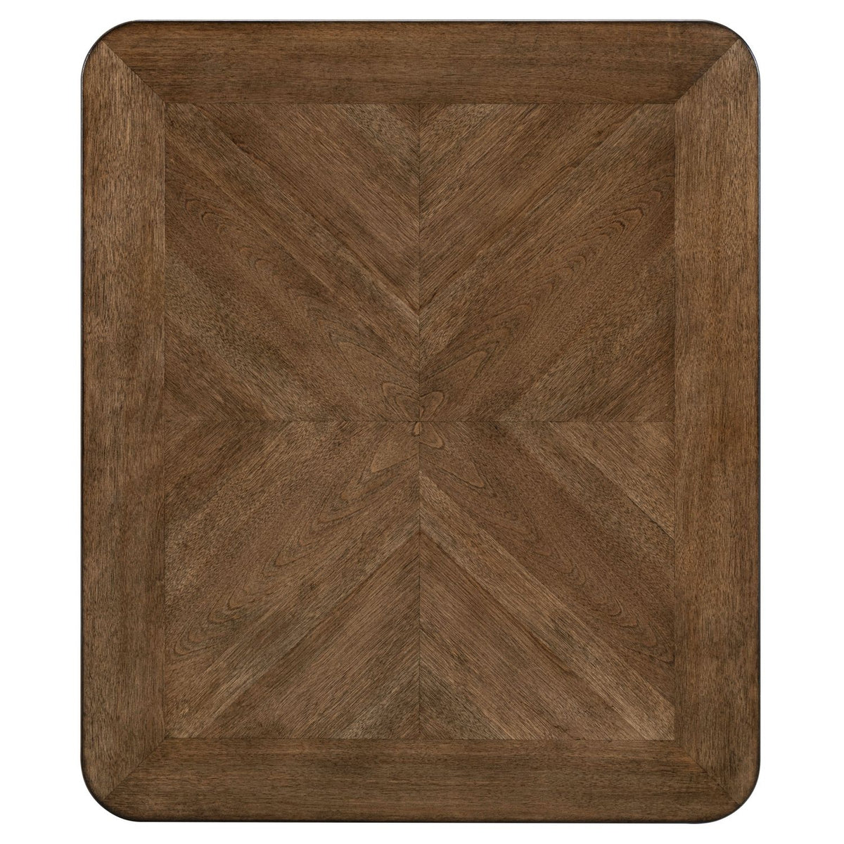 Top view of a square wooden end table highlighting a decorative, diamond pattern wood grain veneer inlay.