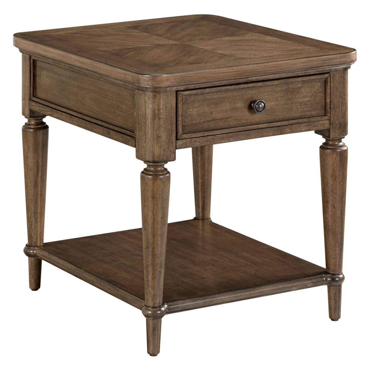 Traditional wooden end table with drawer and lower storage shelf, featuring turned legs and a warm brown finish.