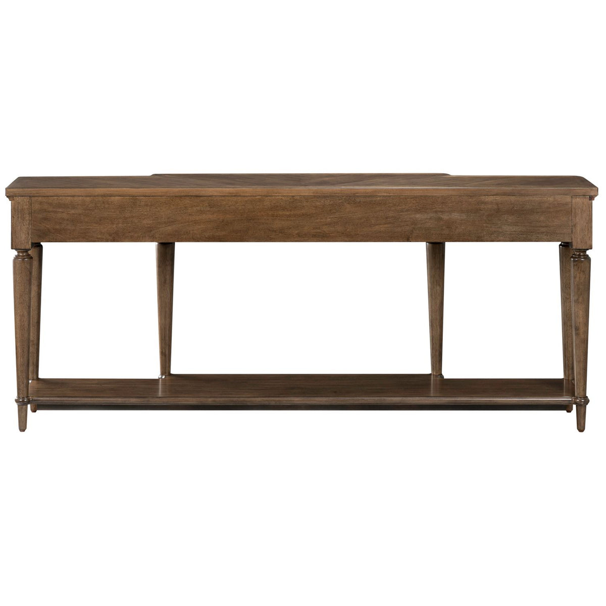 Wooden console table with a parquet top, tapered legs, and a lower display shelf.