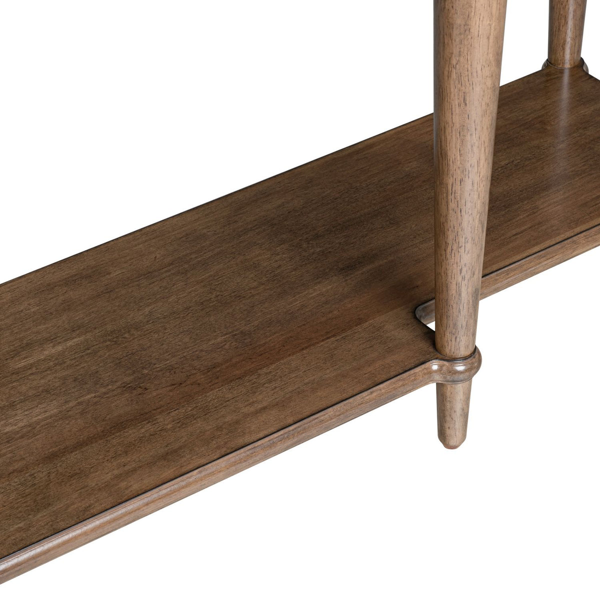 Mid-century modern wooden console table with a bottom shelf and tapered legs in a warm brown finish.