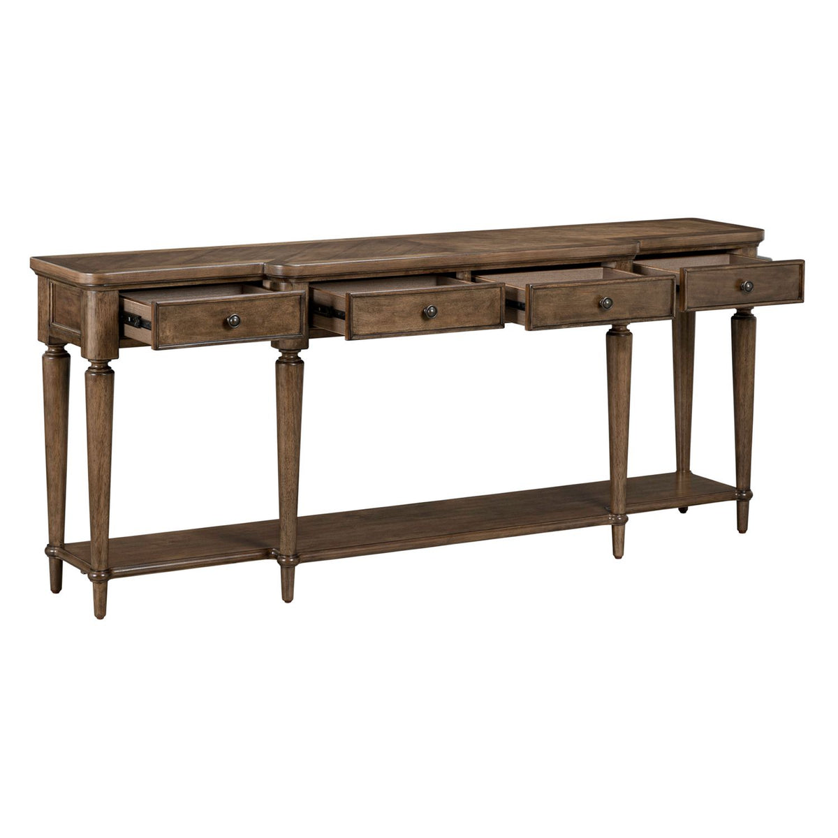 Long brown wooden console table featuring four open drawers with knobs and a bottom shelf.