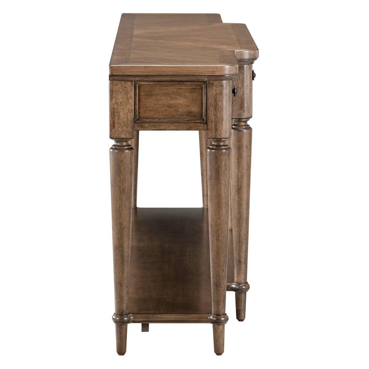 Side profile of a narrow wooden console table featuring turned legs, a lower shelf, and a contoured top.