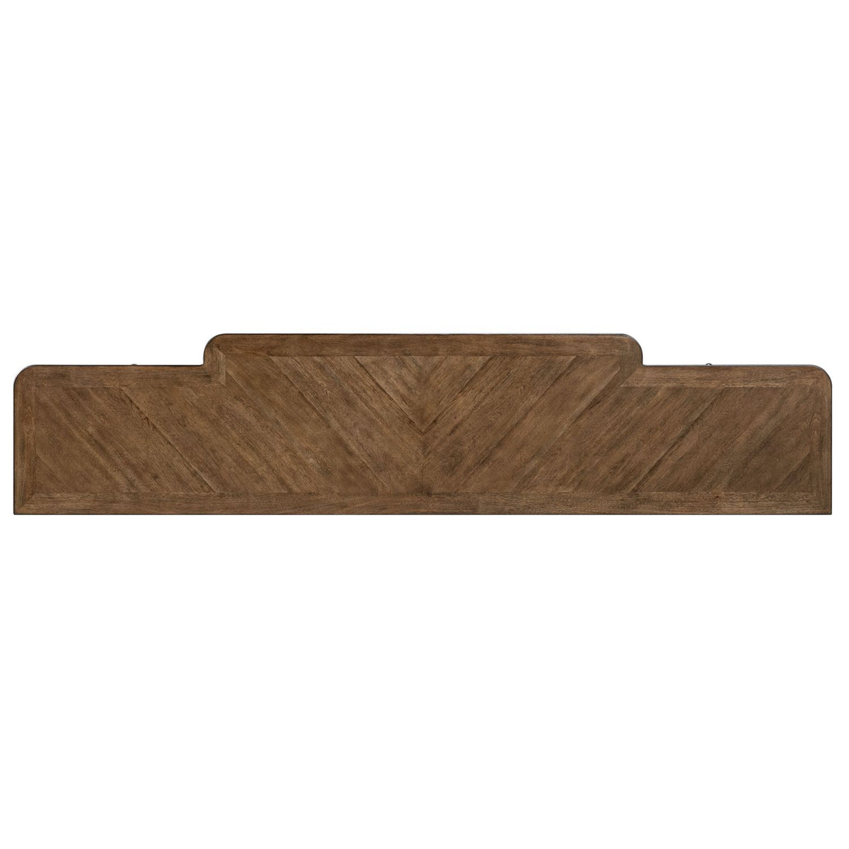 Top-down view of a brown wood console table showing the unique chevron patterned veneer and shaped layout.
