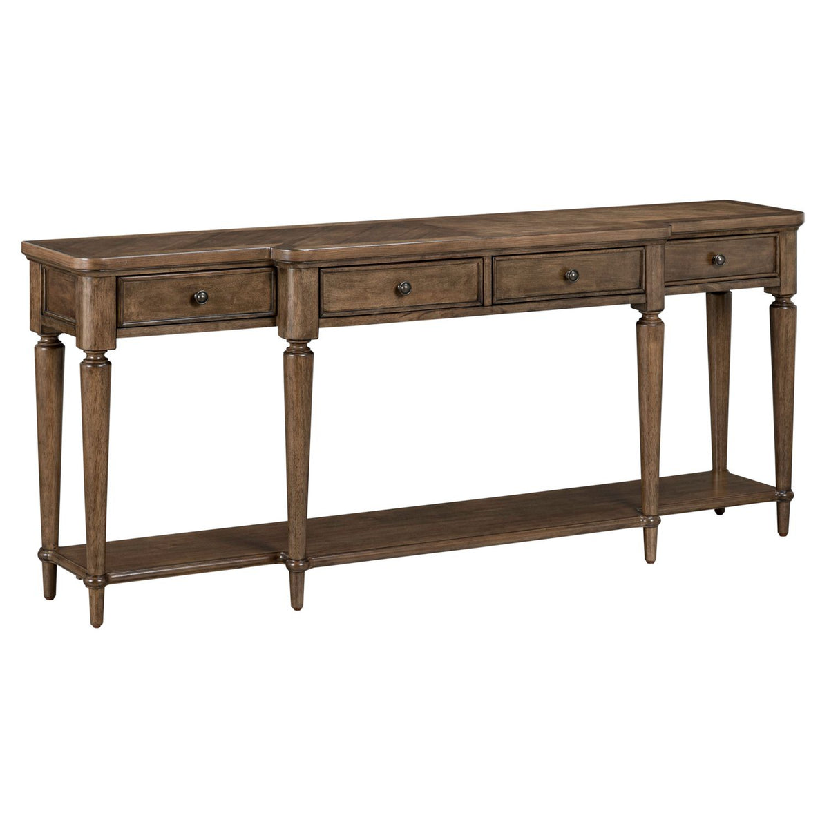 Traditional wood console table with four drawers, turned legs, and lower shelf in a warm brown finish.