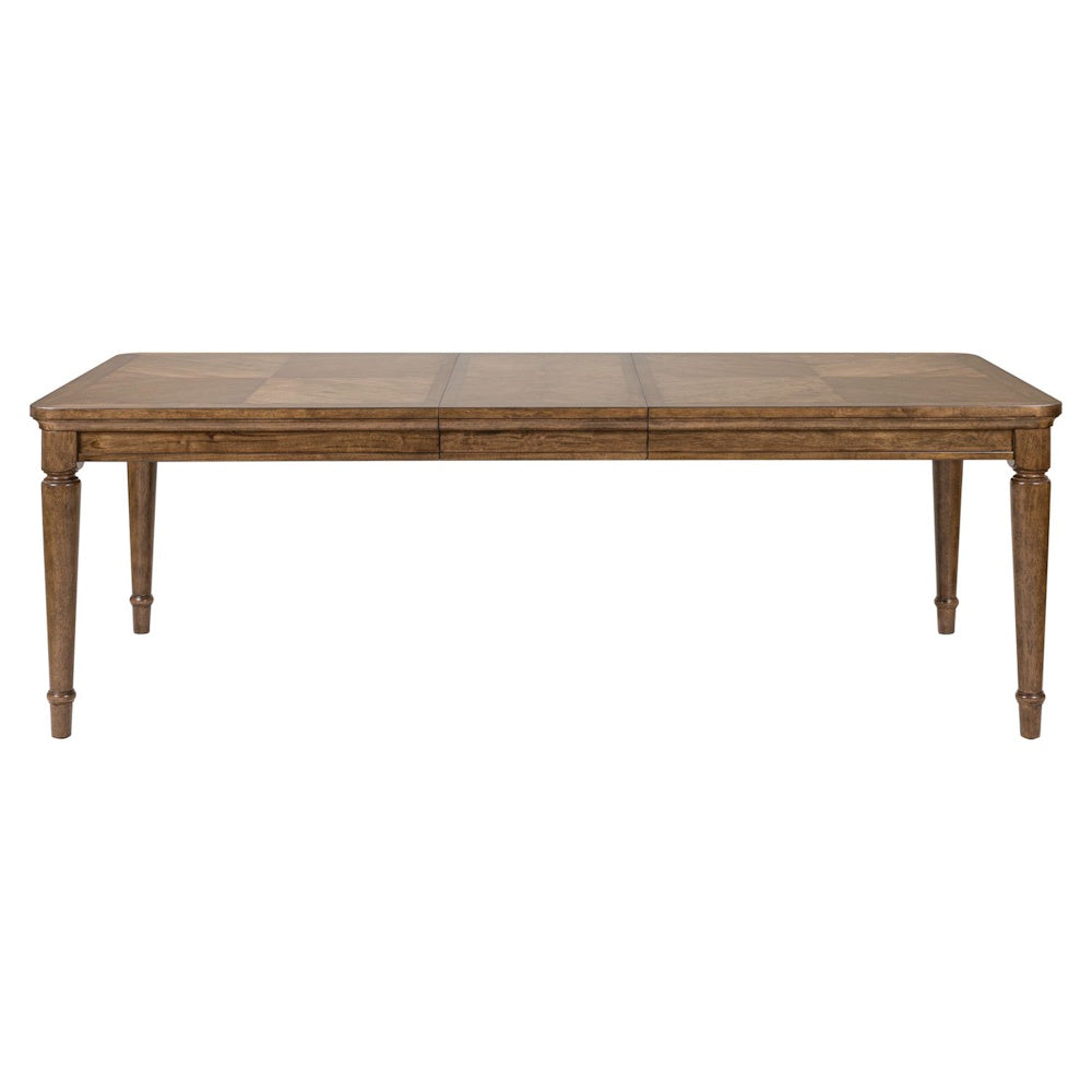 Harrison Heights Rectangular Wood Dining Table with Tapered Legs and Leaf Extension in a Warm Brown Finish.
