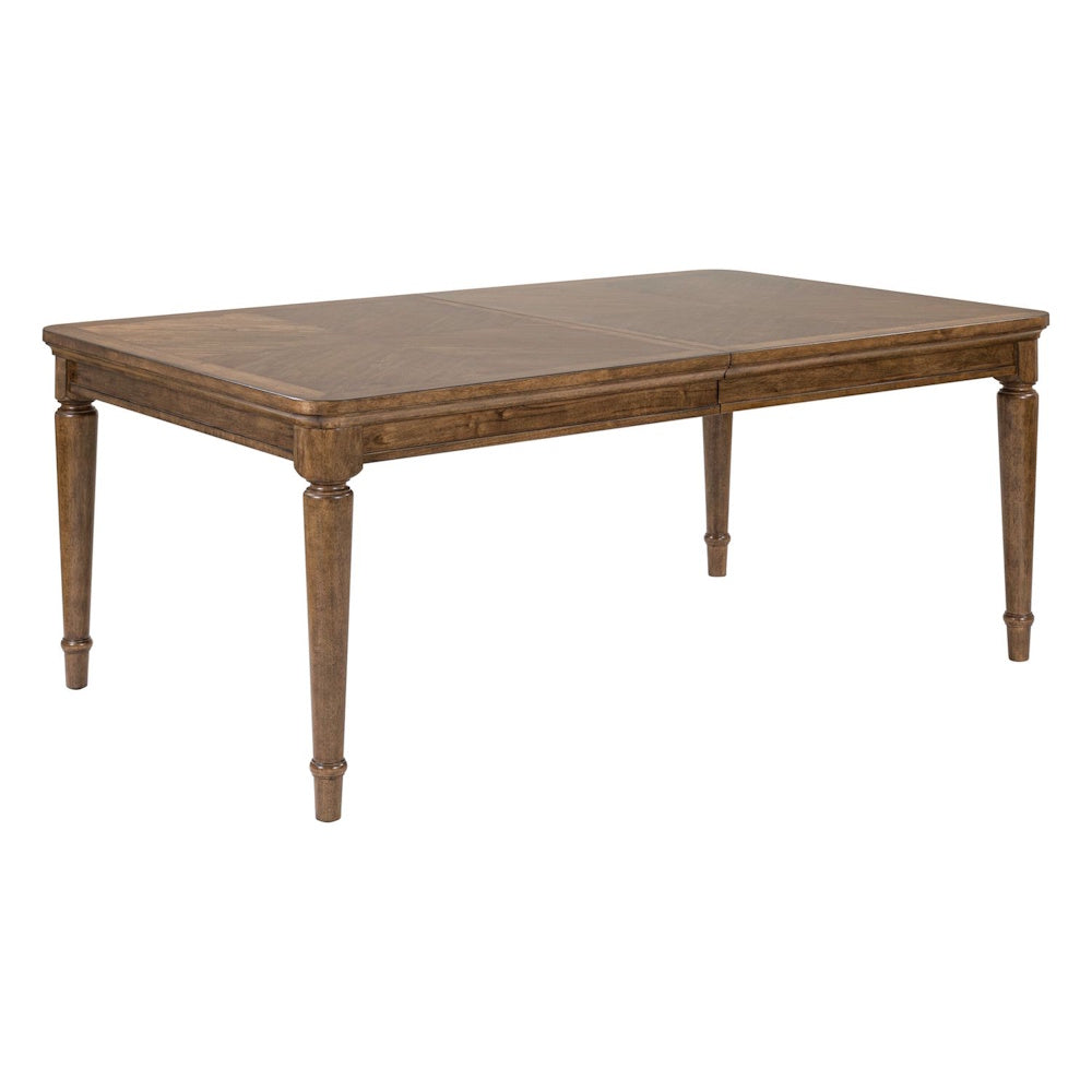 Hearthstone rectangular wood dining table in a warm brown finish, featuring a patterned tabletop and tapered legs.