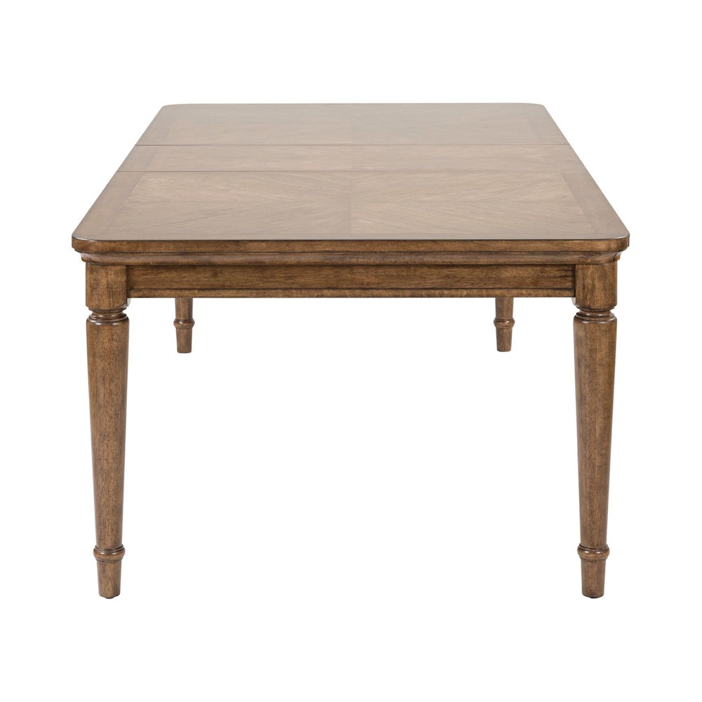 Harrison Heights rectangular wood dining table featuring a parquetry top and turned legs on a white background.