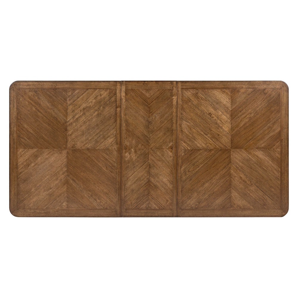 Top view of a Harrison Heights rectangular wood dining table with walnut veneer in a decorative diamond pattern.