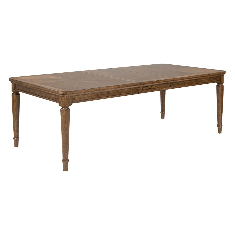 Hearthstone extension dining table, brown wood grain with panel design, fluted legs.