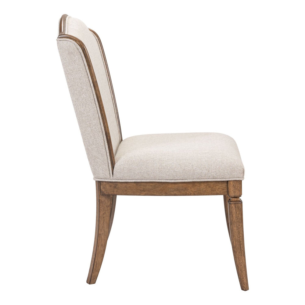 Side view of a Harrison Heights upholstered side chair with a dark wood frame and beige fabric against a white background.