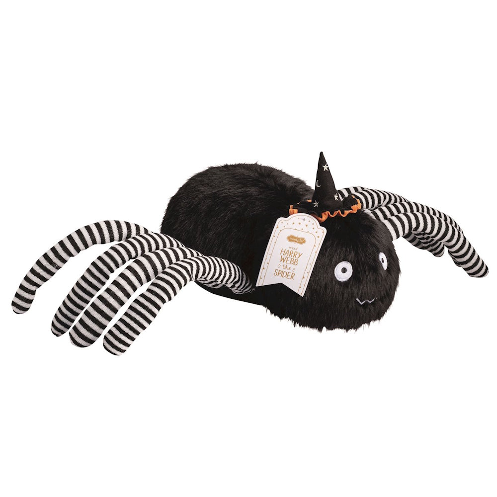 Plush black spider toy with striped legs, googly-style eyes, and a small black witch hat.