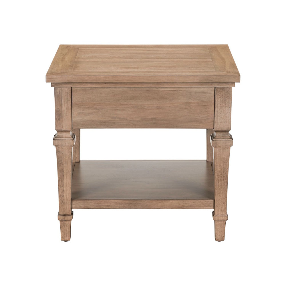 Back view of wood end table with lower shelf and tapered legs in a light natural finish.