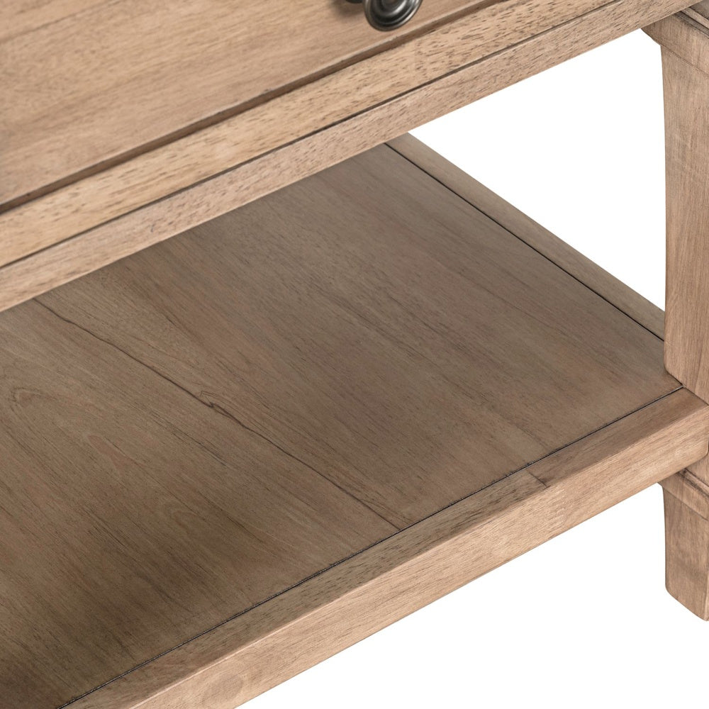Close-up of wood end table lower shelf with natural grain finish and sturdy frame.