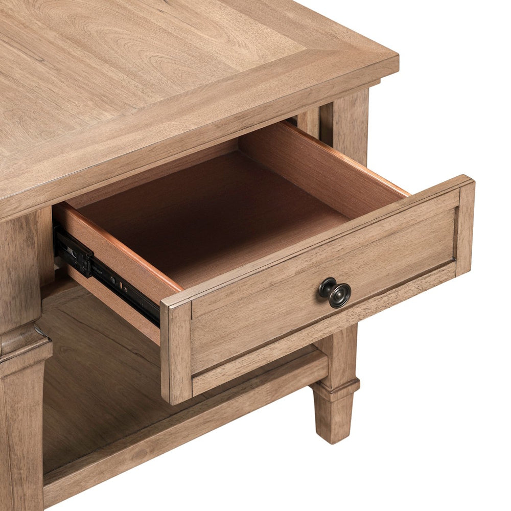 Close-up of wood end table with open storage drawer and lower shelf in a natural finish.