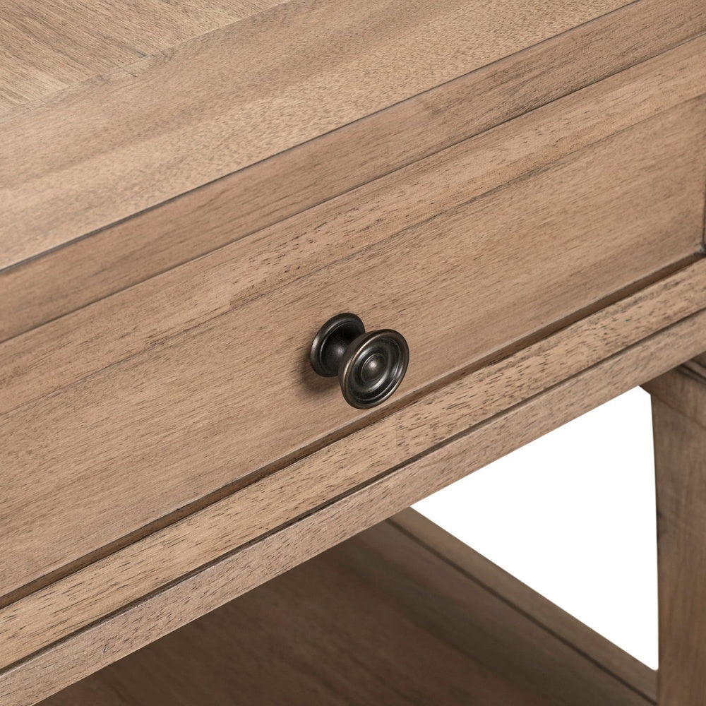 Close-up of wood end table drawer with dark metal knob and natural wood grain finish.