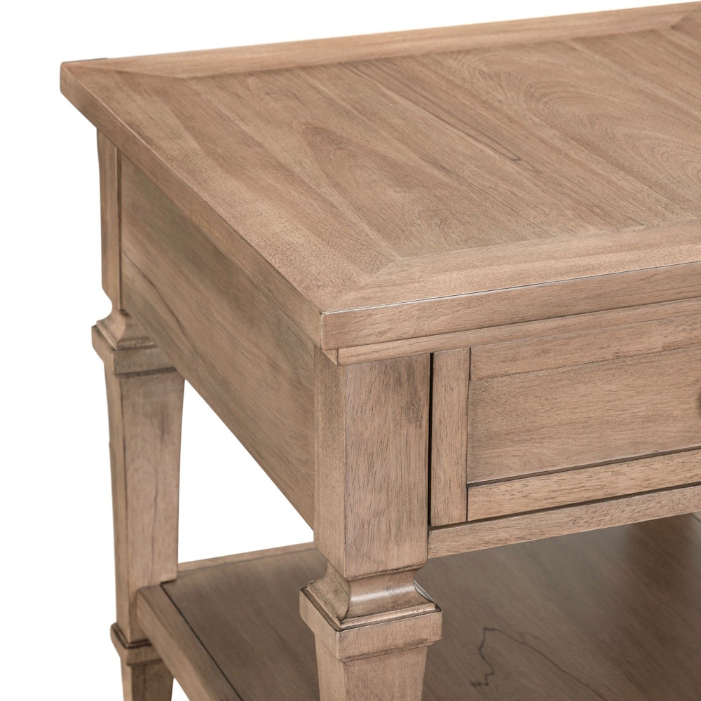 Close-up of wood end table top with natural grain finish and sturdy tapered leg detail.