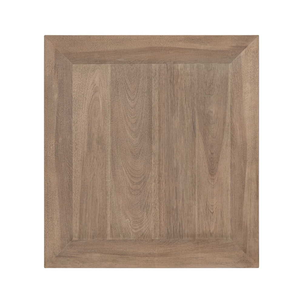 Top view of wood end table showcasing natural grain pattern and framed square tabletop.