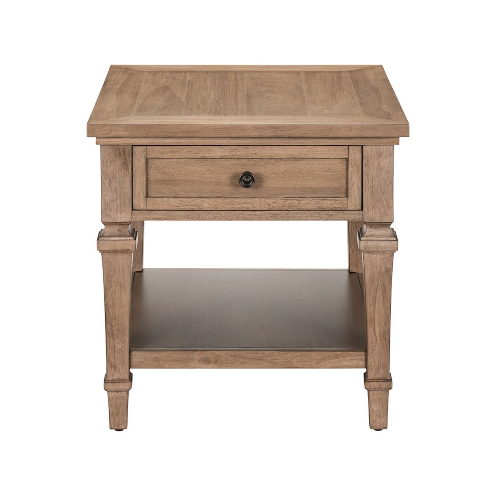 Front view of wood end table with single drawer, lower shelf, and tapered legs in natural finish.