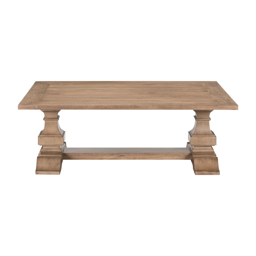 Front view of rectangular wood cocktail table with pedestal base and natural grain finish.