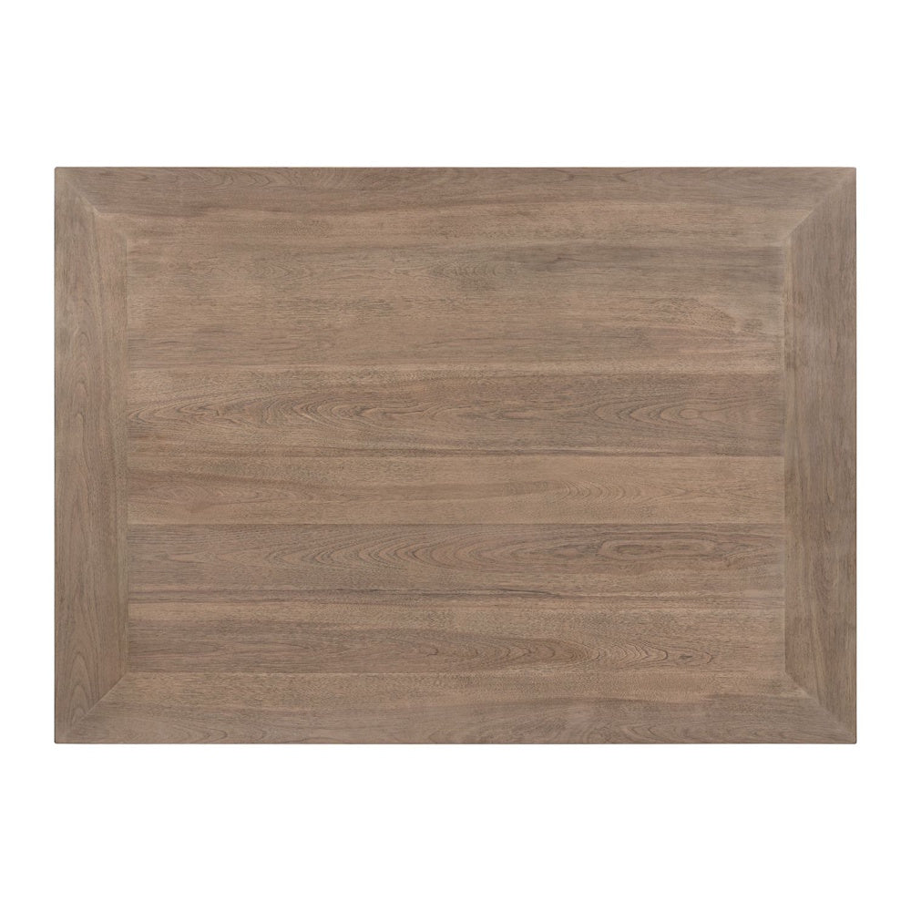 Top view of rectangular wood cocktail table showcasing natural grain and framed tabletop design.
