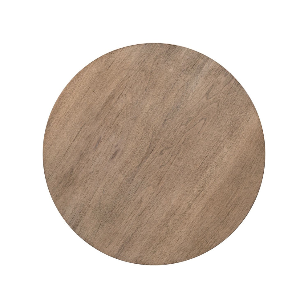 Top view of round wood chairside table with natural grain and warm farmhouse finish.