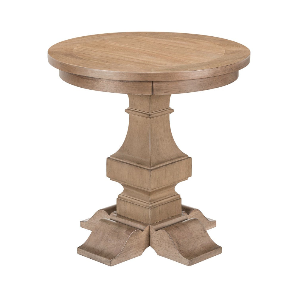 Round wooden end table with pedestal base and curved feet in a light natural finish.