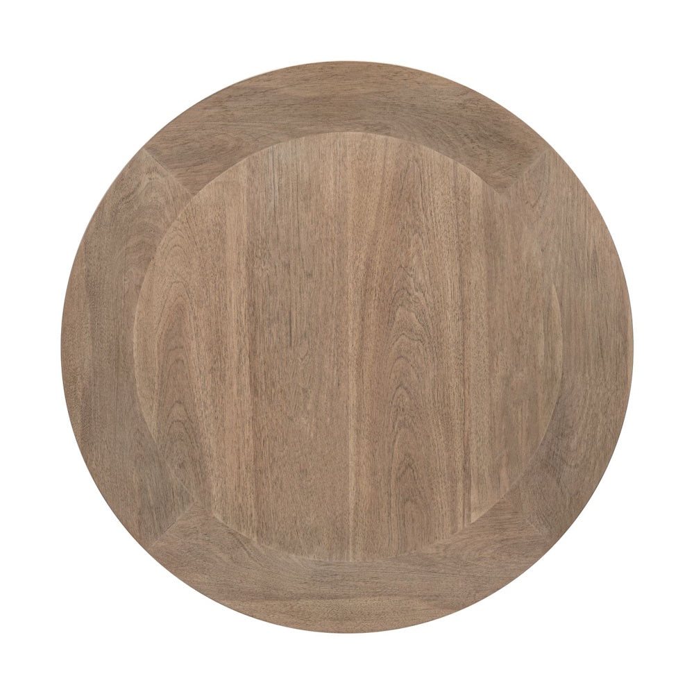 Top view of round wooden tabletop with natural grain pattern and light brown finish.