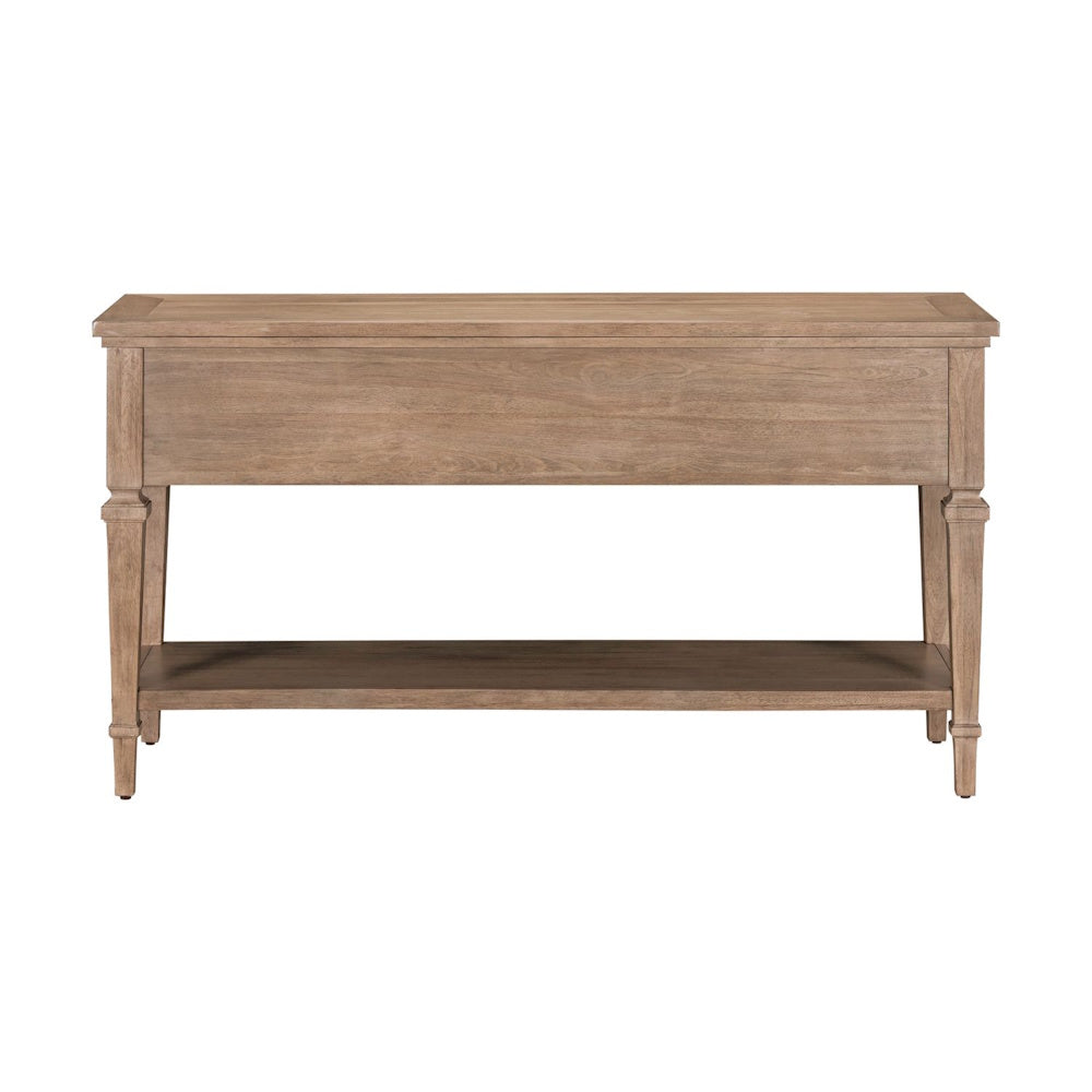 Back view of light wood sofa table with lower shelf and tapered legs for farmhouse interiors.