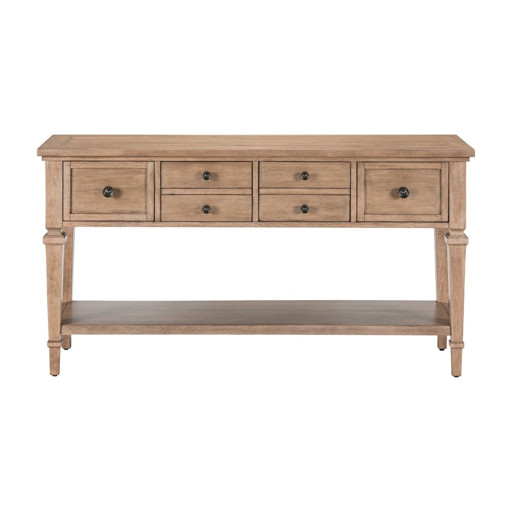Front view of light wood sofa table with six drawers and lower shelf in farmhouse style.