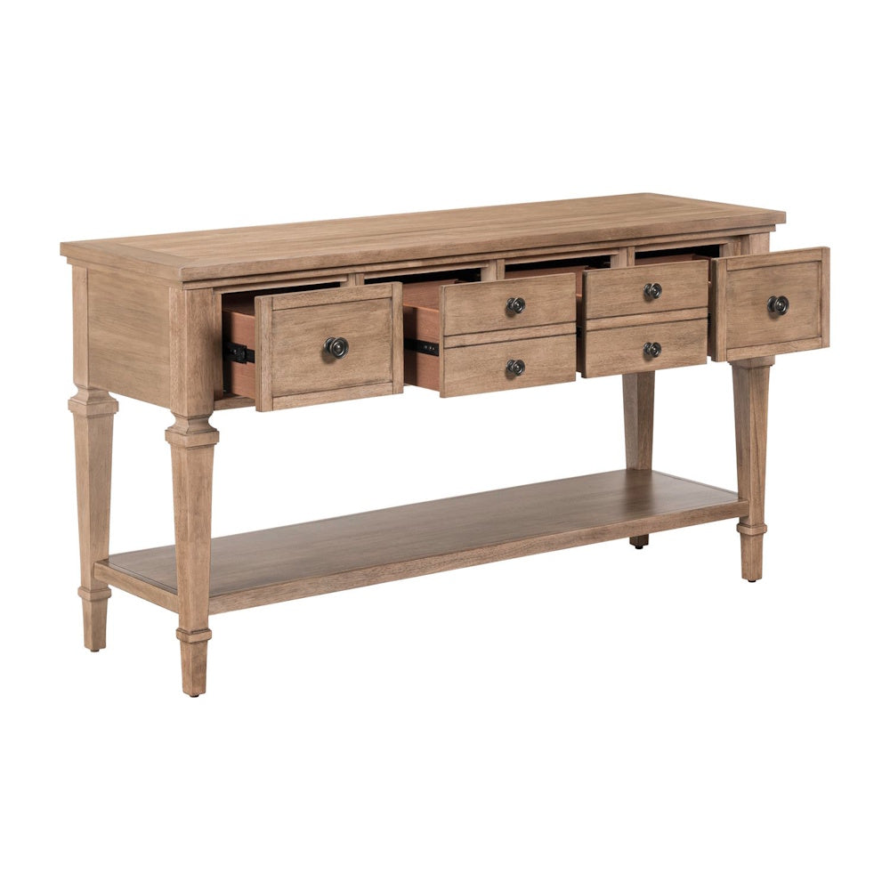 Light wood farmhouse sofa table with open drawers, lower shelf and spacious storage design.