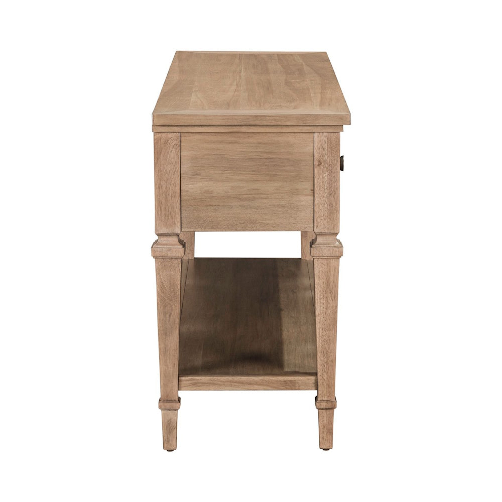 Side view of light wood farmhouse sofa table with tapered legs and lower storage shelf.