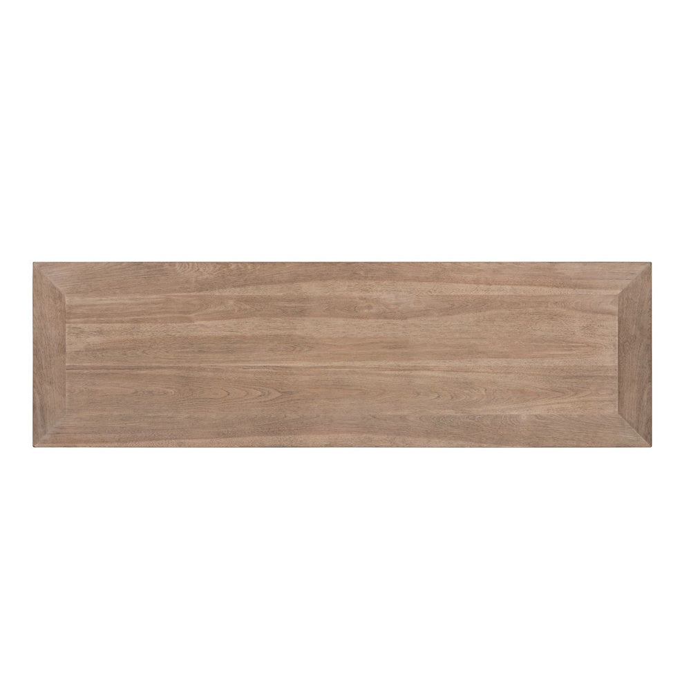 Top view of light wood farmhouse sofa table with natural wood grain and spacious tabletop.