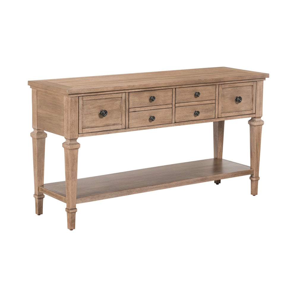 Light wood sofa table with six drawers, lower shelf and tapered legs for farmhouse living rooms.