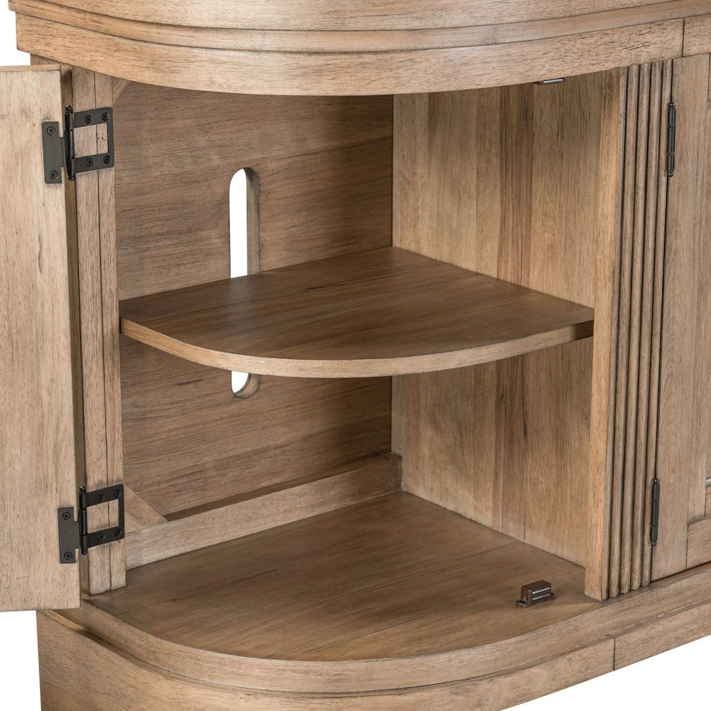 Light wood TV console cabinet with an open door, curved interior shelves, and a cable management cutout.