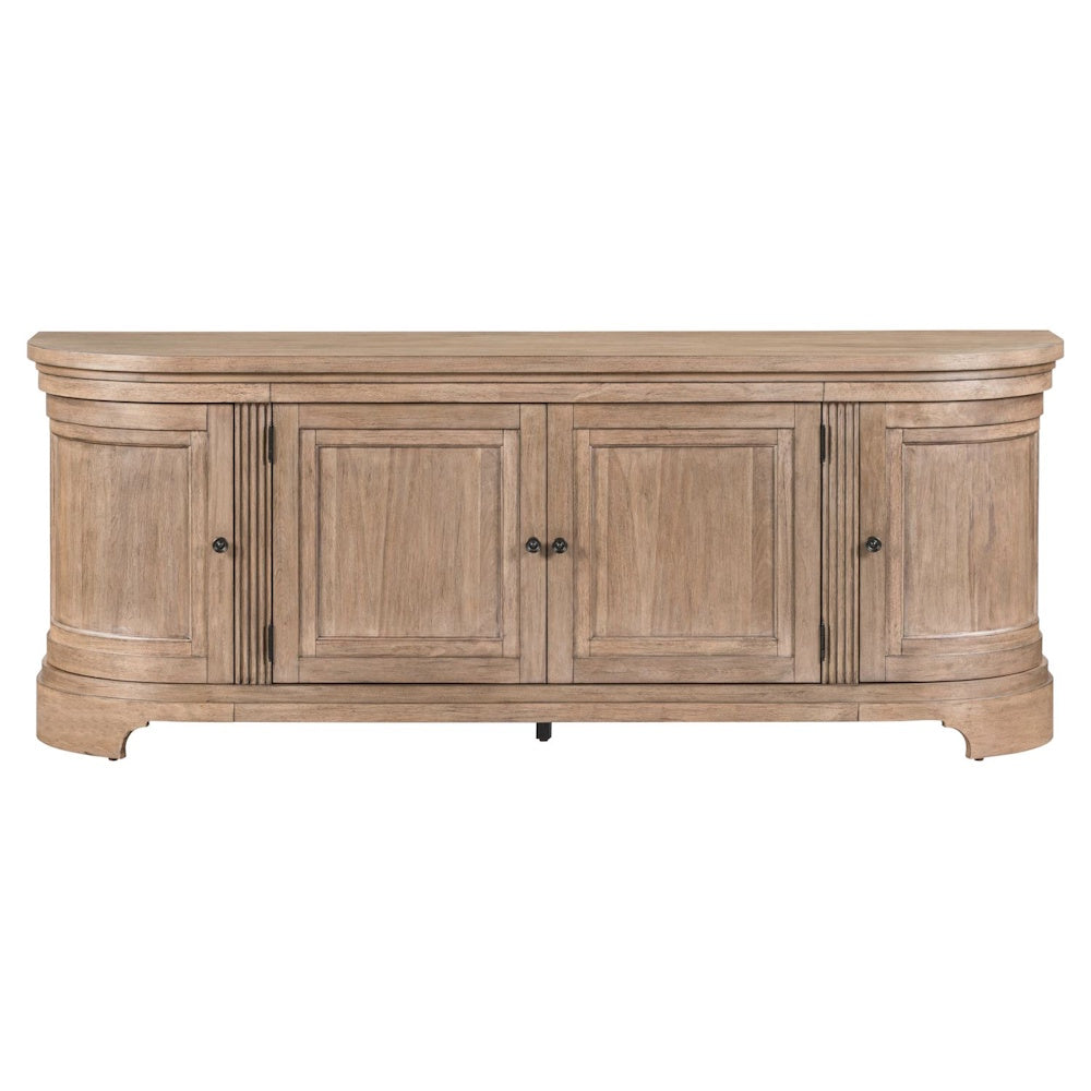 Curved light wood TV console with four paneled cabinet doors and small dark knobs.