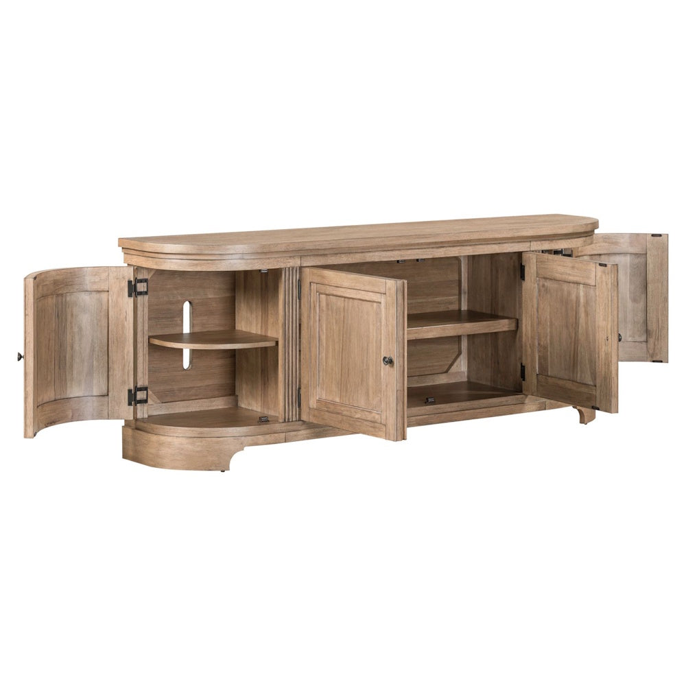 Light wood TV console with curved ends and four open cabinet doors revealing interior shelves on a white background.