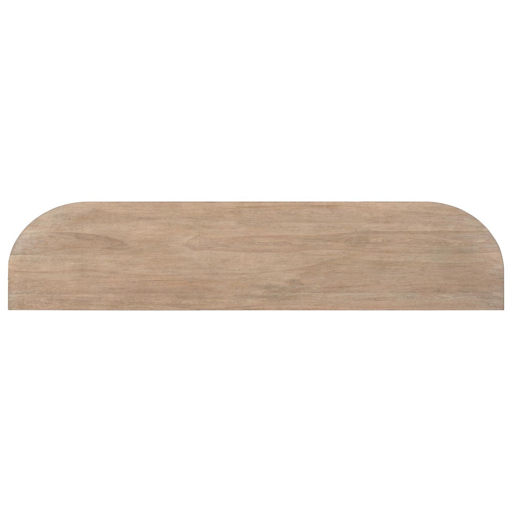 Top view of a long, light-brown wood TV console with rounded corners and a natural grain finish.