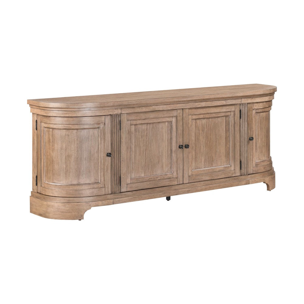 Light brown wooden TV console featuring four paneled doors, curved outer edges, and dark metal hardware.