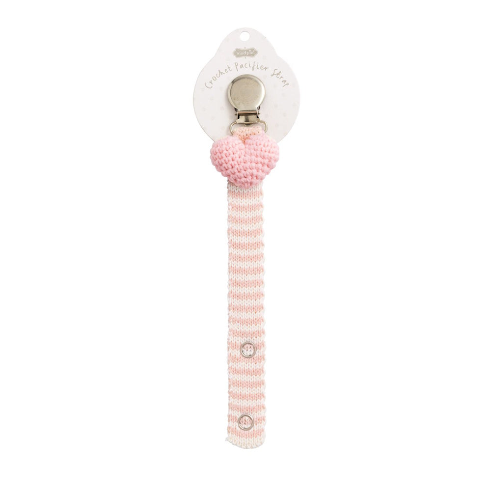 Pink and white striped crochet pacifier strap featuring a plush pink heart and a silver metal clip for baby accessories.
