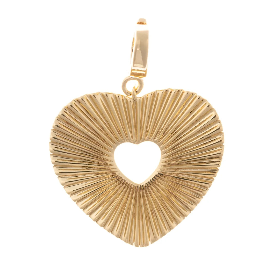Gold heart charm with a sunburst textured pattern and open heart cutout center, on a plain white background.