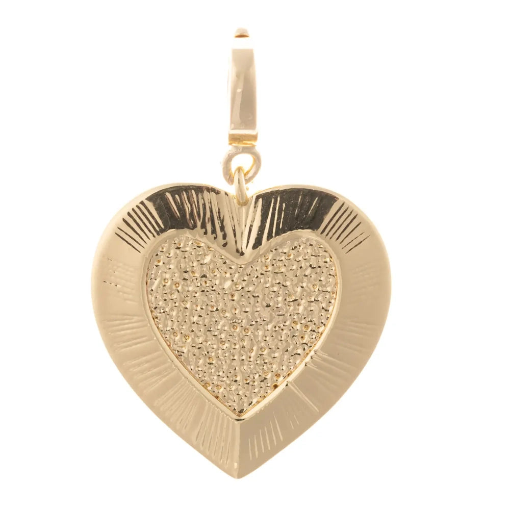 Gold heart charm with a textured inner heart panel and smooth, grooved border on a plain white background.